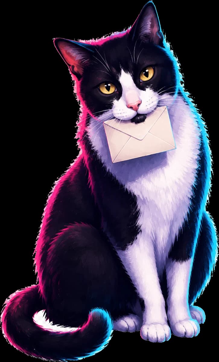 Moo, a neon-lit tuxedo cat carrying a ticket envelope