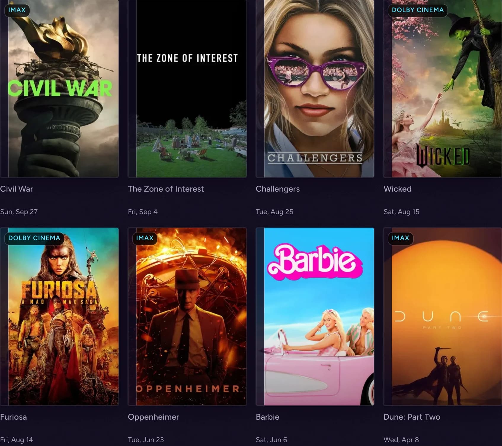 Your movie collection in cinemoo: eight movie posters with titles, viewing dates, and IMAX and Dolby Cinema formats