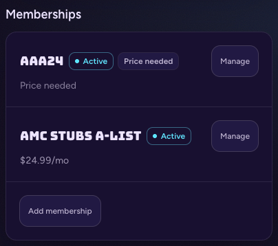 Memberships listing AAA24 and AMC Stubs A-List together, with Manage and Add membership controls.