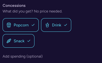 Concessions in Edit visit, with Popcorn, Drink and Snack selected and an optional Add spending control.